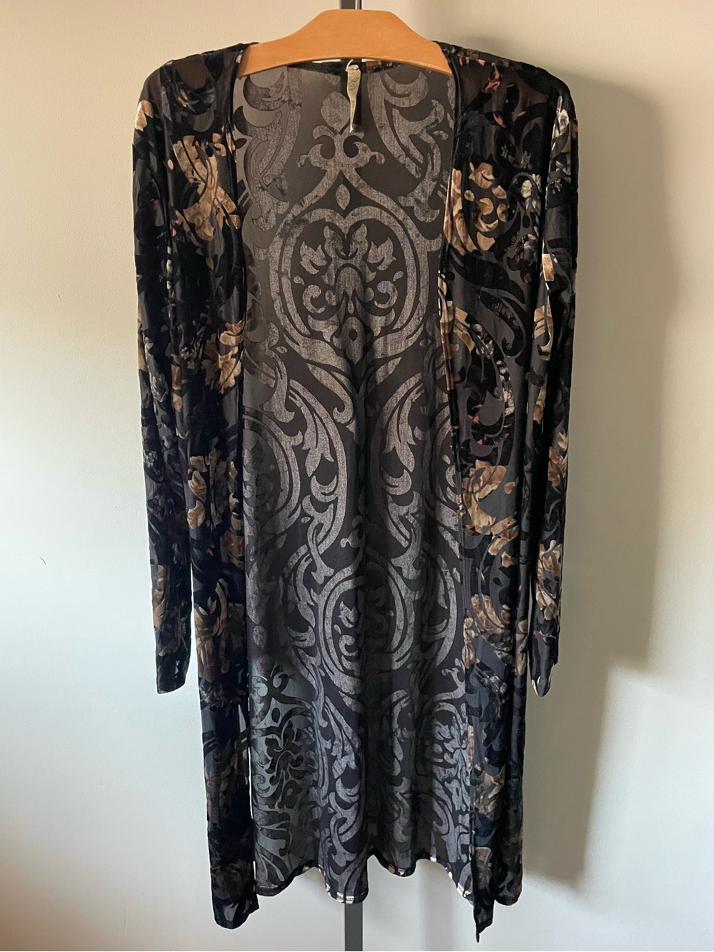 Bo Bel Burnout Velvet Velour Mesh Open Cardigan Duster Kimono Long Longline